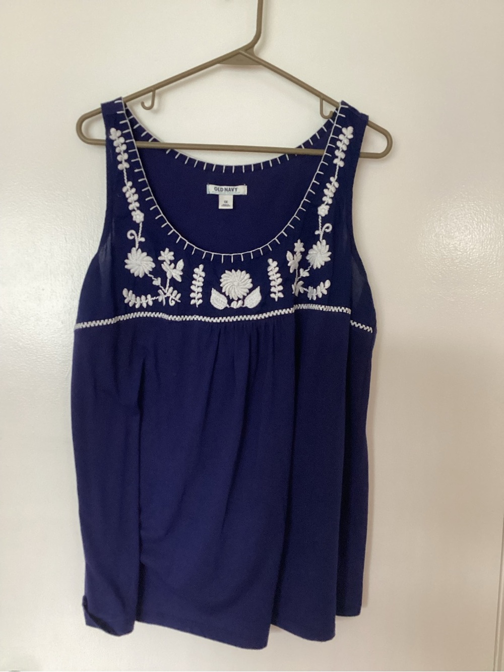 Old Navy Navy Blue Tank with White Floral Embroidery